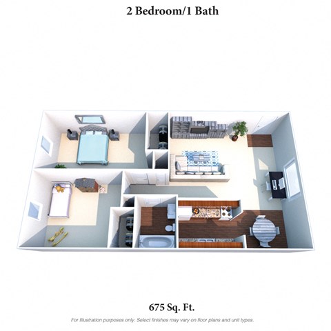 Floor plan for 2 beds, 1 bath, 675 sqft